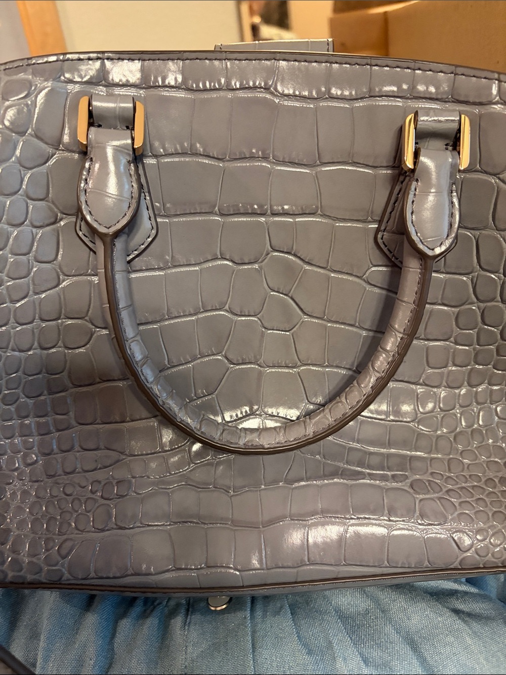Tory Burch Gray Croc-Embossed Tote with Gold Hardware - Picture 2 of 9